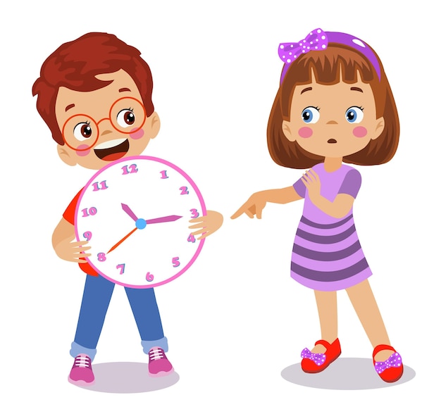 Cute happy kids holding clock