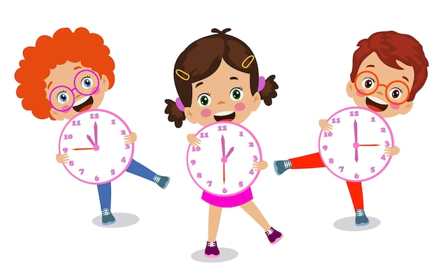 Cute happy kids holding clock