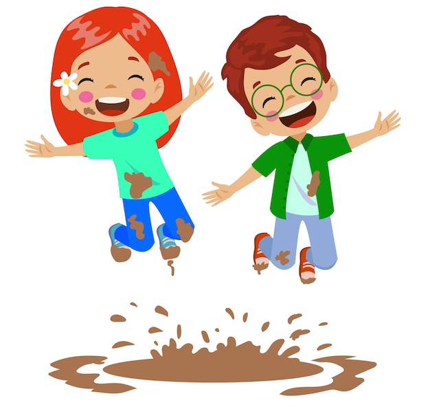 Cute happy kids jumping in mud