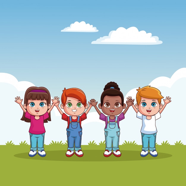 Vector cute and happy kids in the park cartoon