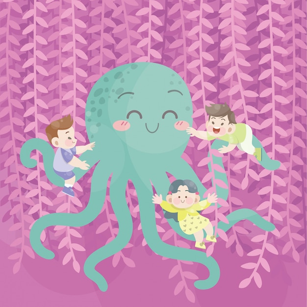 Vector cute happy kids play with octopus in the garden joy vector