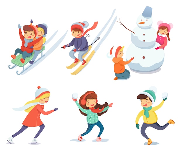 Vector cute happy kids playing at christmas or new year skiing building snowman skating snowballs