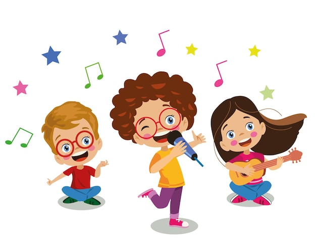 Vector cute happy kids playing guitar and singing and having fun