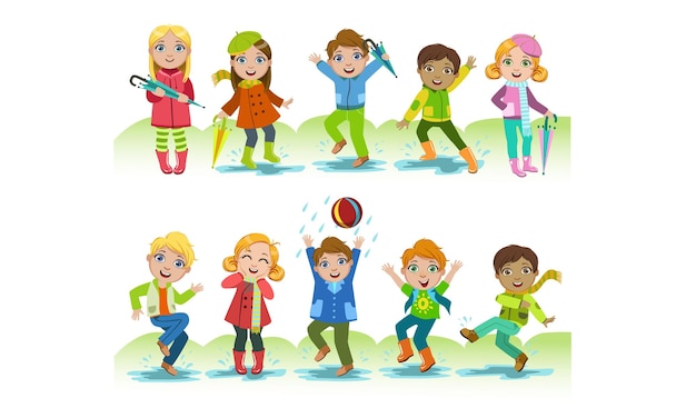 Вектор Милые счастливые дети играют под дождем мальчики и девочки веселятся на открытом воздухе векторная иллюстрация