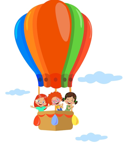 Cute happy kids riding balloon