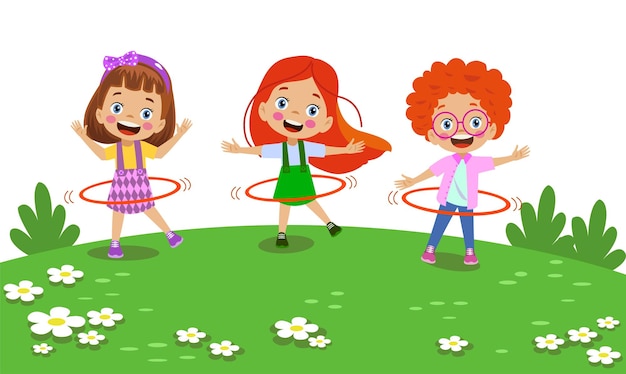 Cute happy kids spinning hoop