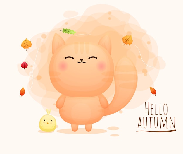 Simpatico gattino felice con il personaggio dei cartoni animati di pulcini autumn