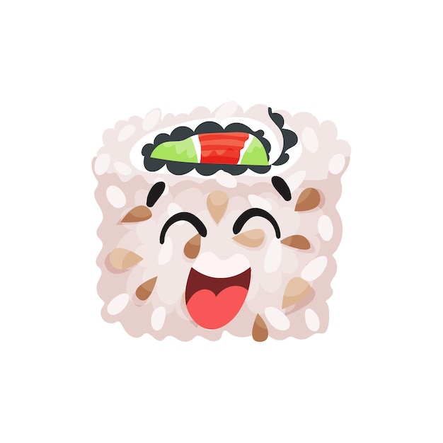 Cute happy laughing sushi character roll with funny face cartoon vector Illustration