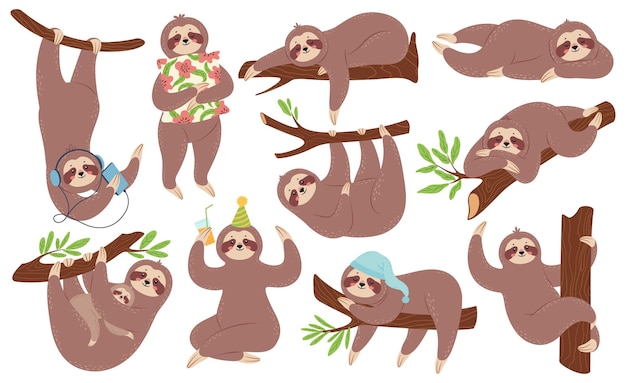 Cute happy lazy sloths sleeping hanging on branch listening music cartoon set