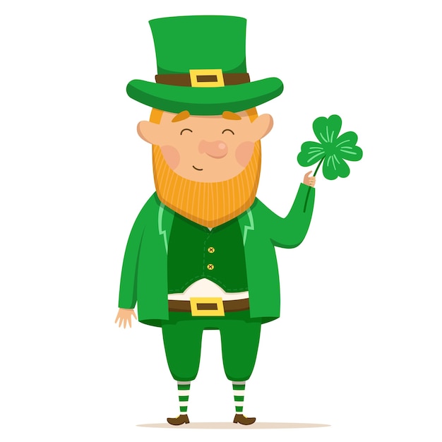 Cute and happy leperchaun with Irish flag StPatrick 's Day Vector Illustration on a white backgro