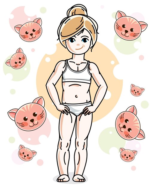 Cute happy little blonde girl in underwear posing on background with kittens. Vector character. Sleep time theme.