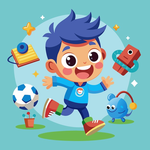 Vector cute happy little boy playing football soccer cartoon flat character vector illustration