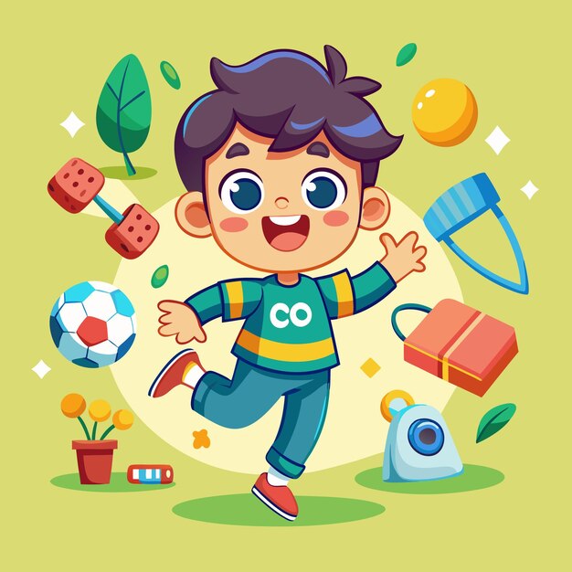 Vector cute happy little boy playing football soccer cartoon flat character vector illustration