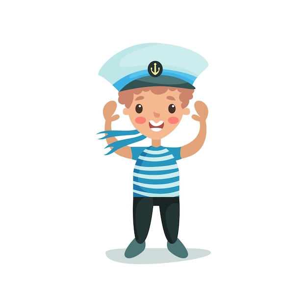Cute happy little boy in sailors costume, kid dreaming of becoming a sailor vector illustration on a white background