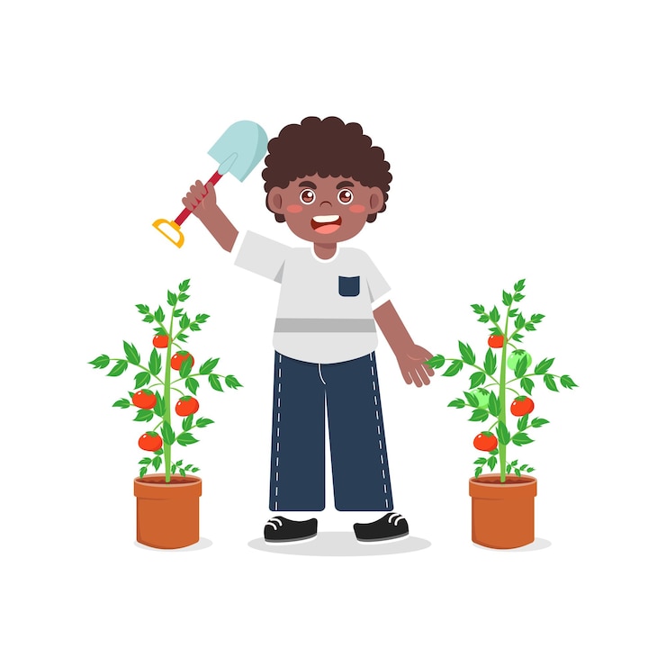 Vector cute happy little boy take care of tomato plant in the garden vector