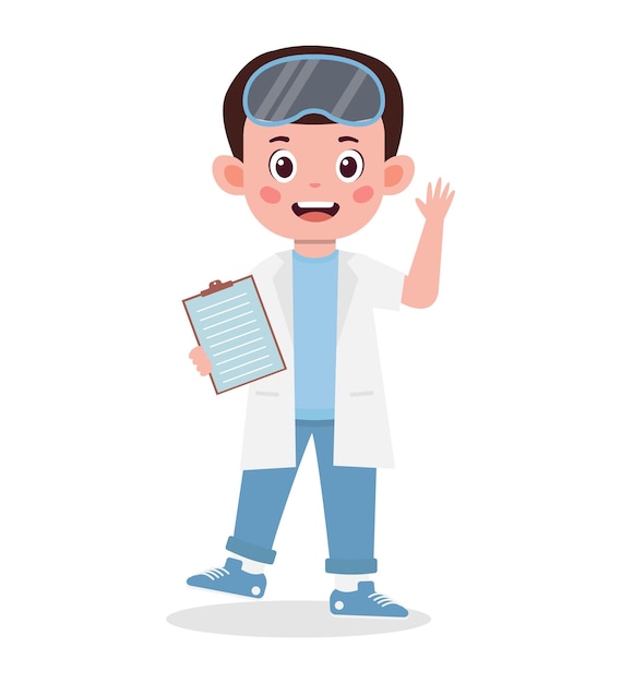 Cute happy little boy wearing scientist costume cartoon illustration