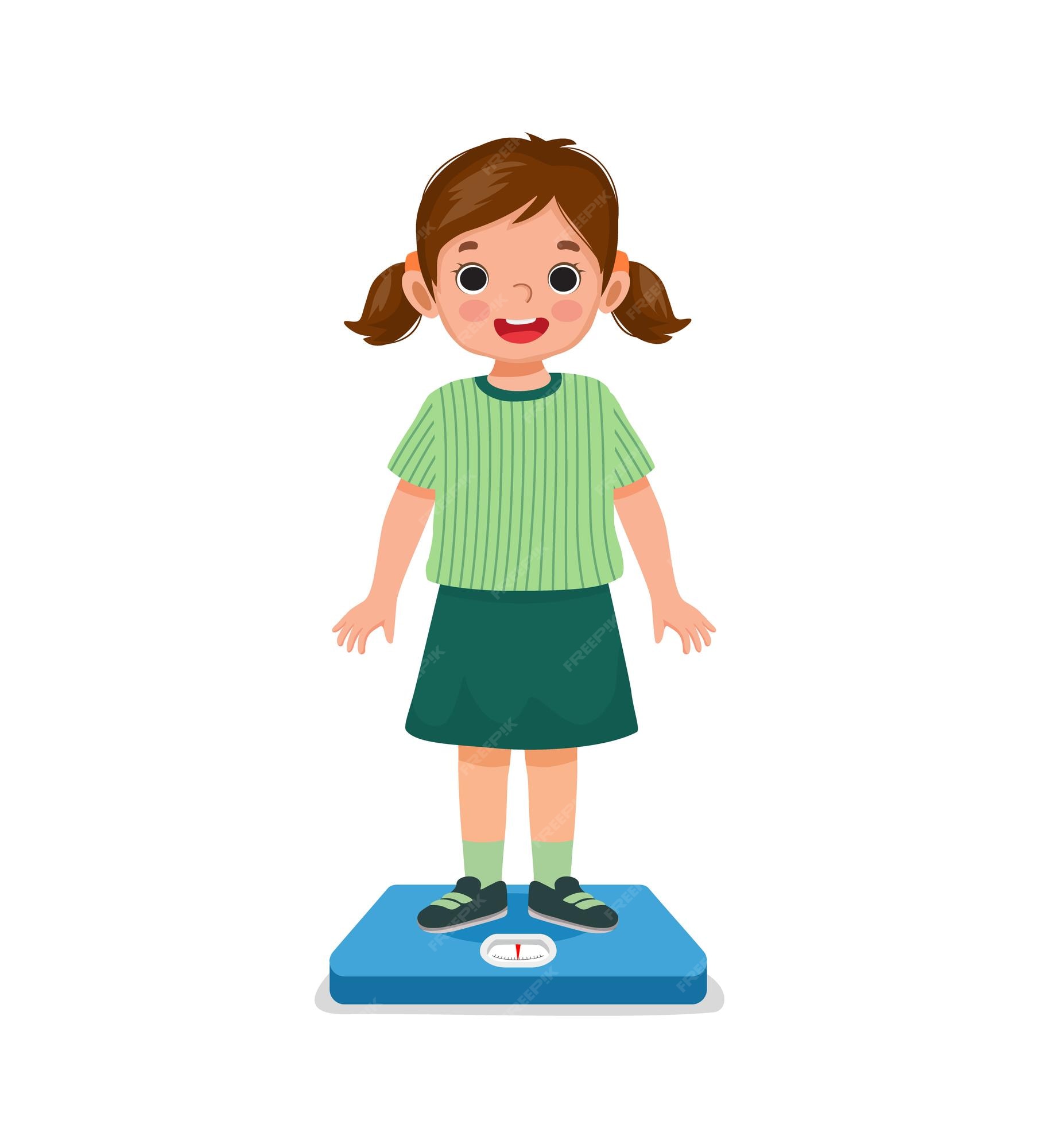 Premium Vector | Cute happy little girl child standing on the weighing scale checking her weight Premium Vector | Cute happy little girl child standing on the weighing scale checking her weight