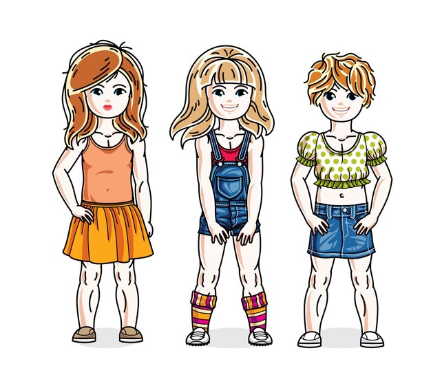 Vector cute happy little girls posing wearing casual clothes. vector diversity kids illustrations set.