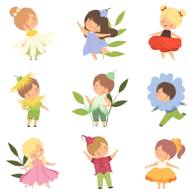 Cute happy little kids wearing flowers costumes set adorable boys and girls in colorful carnival clothes vector illustration on white background