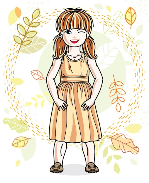 Cute happy little red-haired girl posing on background of autumn landscape and wearing fashionable casual clothes. Vector character.