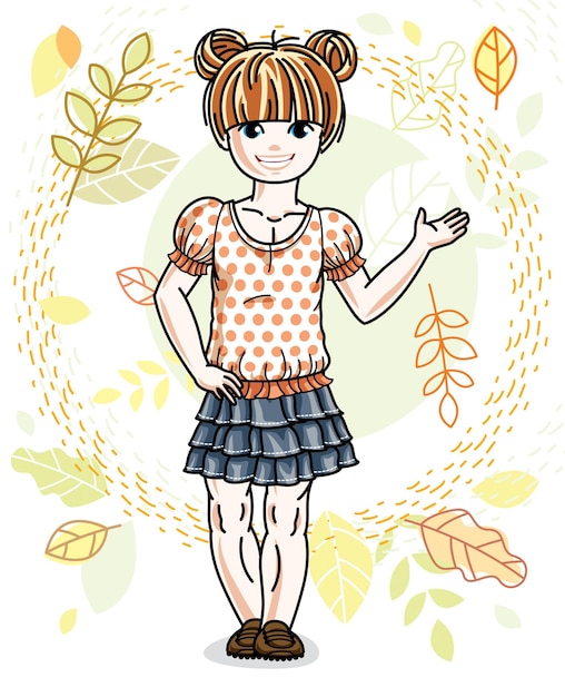 Cute happy little red-haired girl posing on background of autumn landscape and wearing fashionable casual clothes. Vector character.