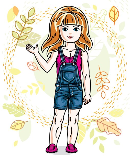 Cute happy little red-haired girl posing on background of autumn landscape and wearing fashionable casual clothes. Vector character.