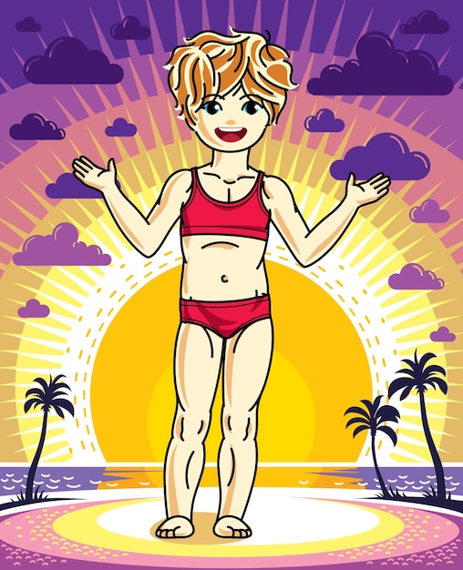 Vector cute happy little red-haired girl posing on background of sunset landscape with palms and wearing colorful swimming suit. vector character.