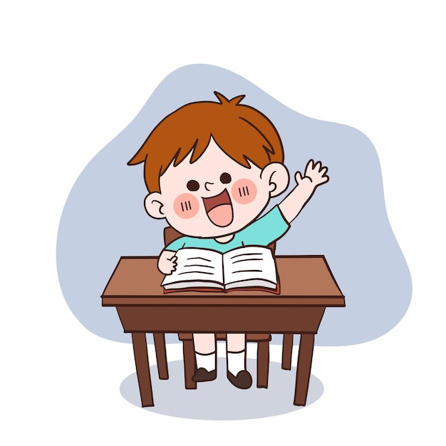 교실에 있는 귀여운 행복한 작은 학생 소년이 질문 낙서 벡터 만화 캐릭터에 답하기 위해 손을 들고 있습니다