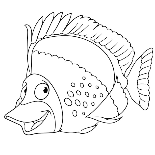 Vector cute happy longnose butterflyfish. cartoon coloring book page for kids.