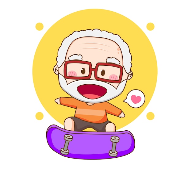 Cute happy old man playing skateboard chibi cartoon character