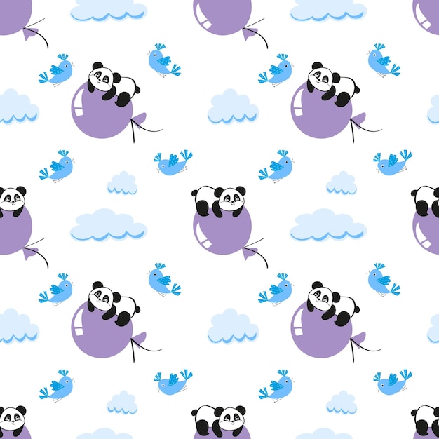 Cute happy panda on a balloon blue bird and clouds handdrawn seamless pattern vector design wallpaper wrapping wrapping paper textilesx9