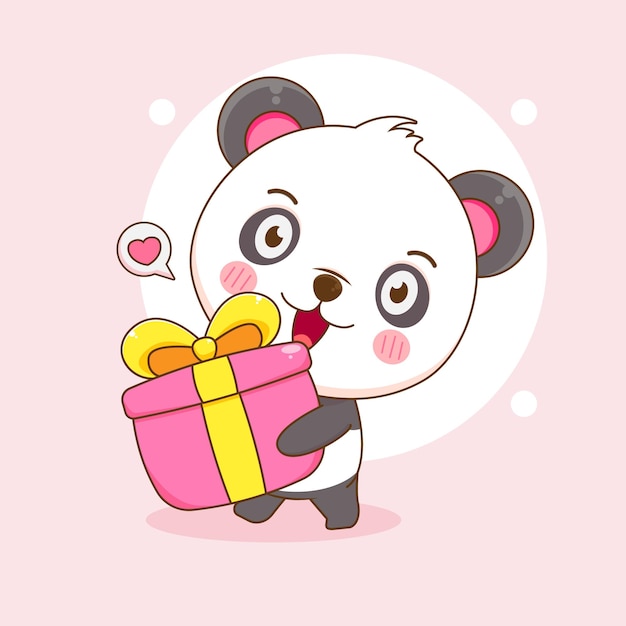 cute happy panda brings gift box cartoon 