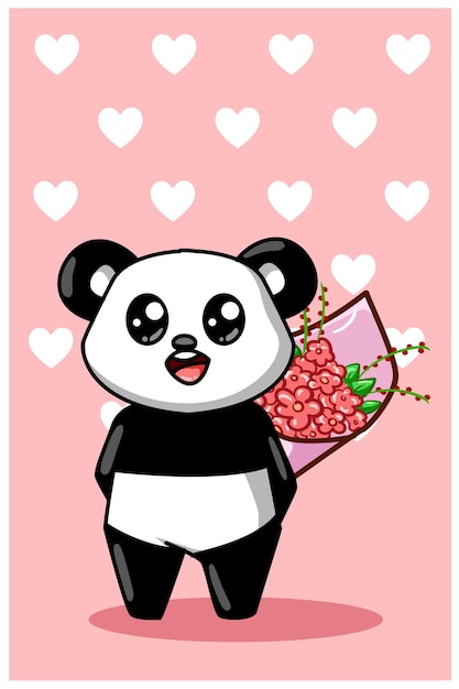 Vector a cute and happy panda carrying a bouquet of flowers cartoon illustration