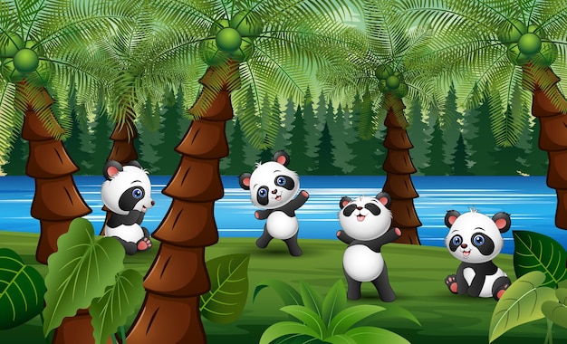 Cartone animato carino panda felice che gioca in una foresta di palme