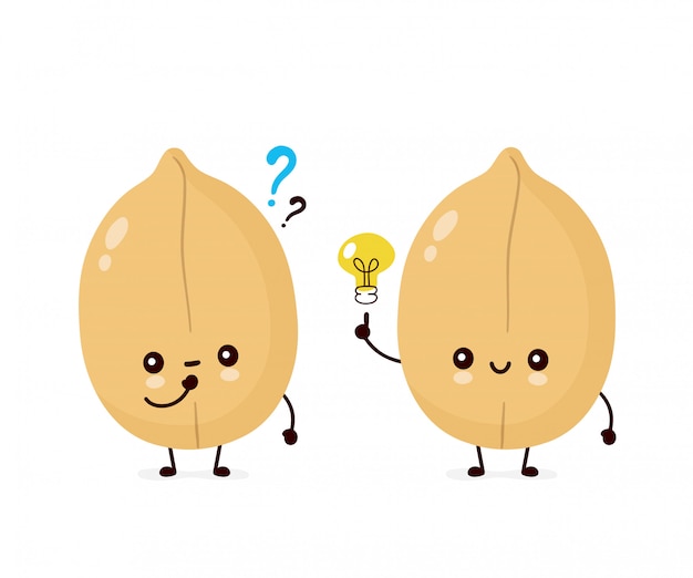 Cute happy peanut with question mark and light bulb.  flat cartoon character illustration icon . isolated on white . nuts