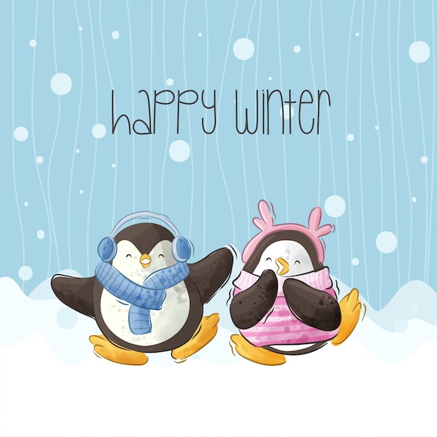 雪ベクトルのかわいい幸せなペンギンイラスト