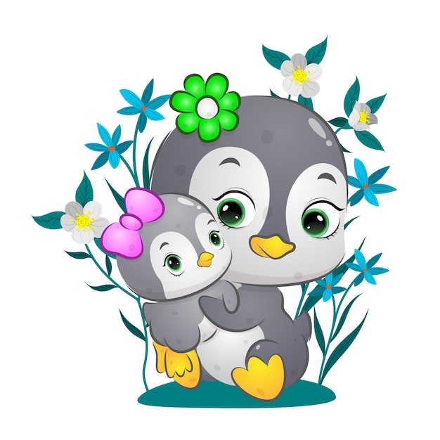 The cute happy penguin is lifting the baby with the flowers background of illustration