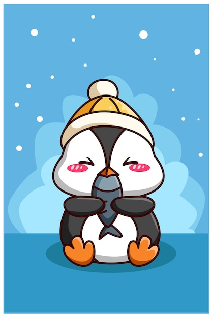 Милый и счастливый пингвин с иллюстрацией шаржа рыбы