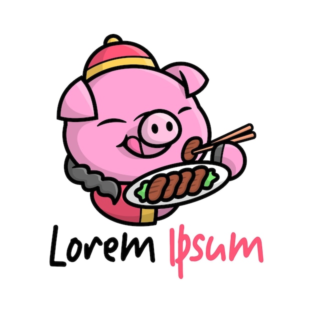 Vector a cute happy pig is wearing chinese clothing and eating meat