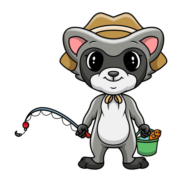 Cute happy raccoon are fishing