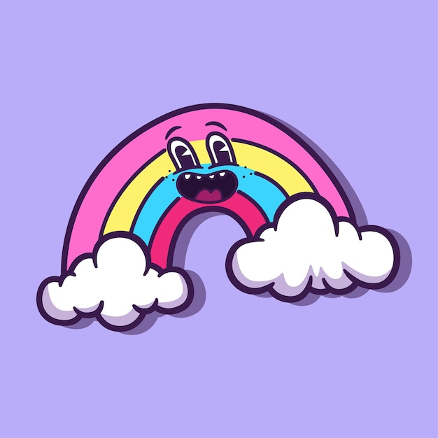 Vector cute happy rainbow and cloud retro cartoon