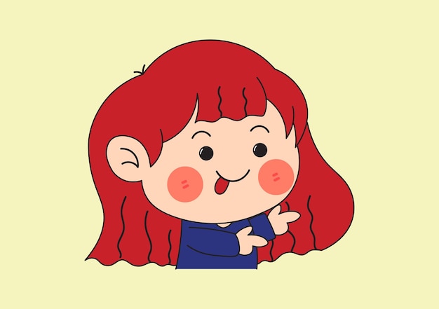 Carino felice dai capelli rossi lingua fuori ragazza che indica cartone animato