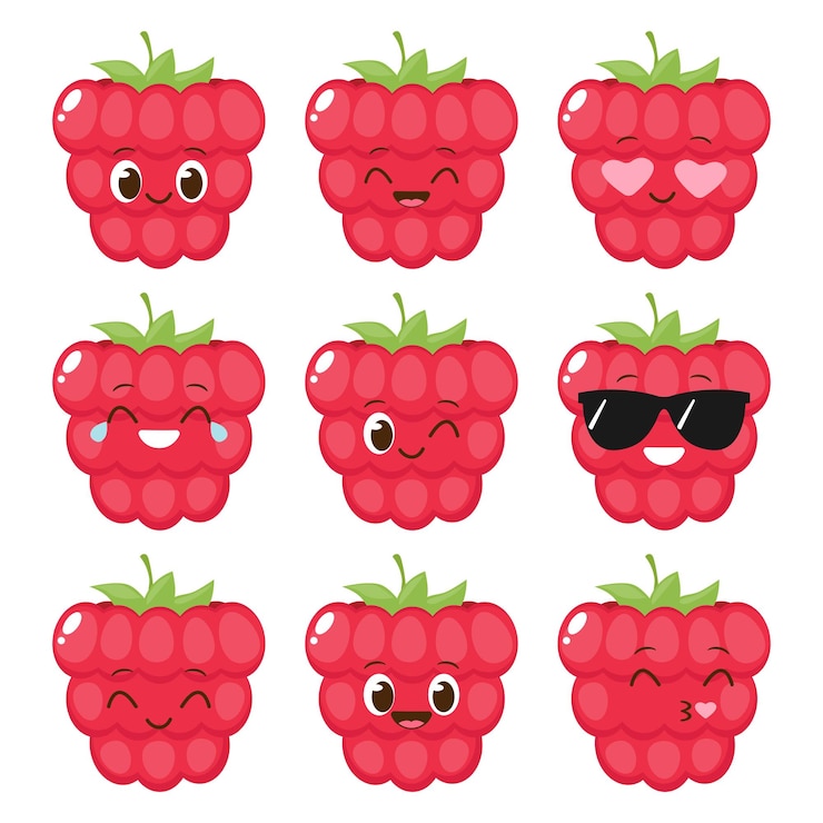 Vector cute happy red raspberry character set funny berry emoticon in flat style cartoon fruit emoji vector illustration