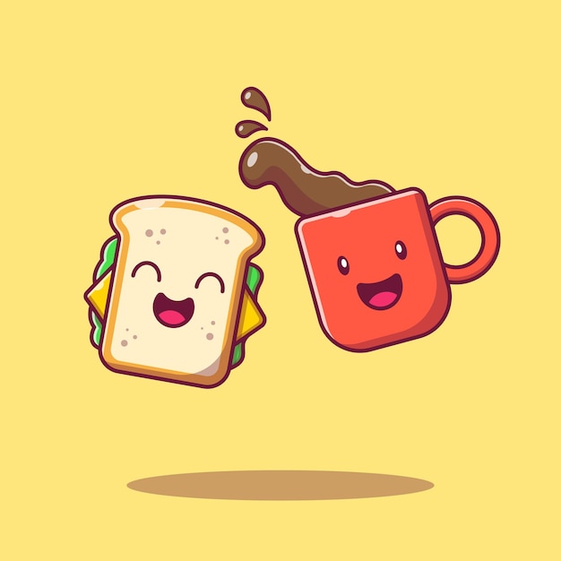 Cute happy sandwich and hot coffee