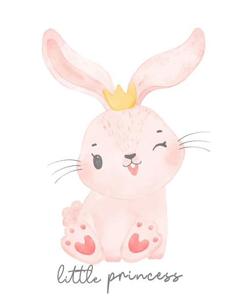 Cute happy smile baby bunny rabbit sitting and wearing crown little princess watercolor wildlife nursery animal hand drawn vector