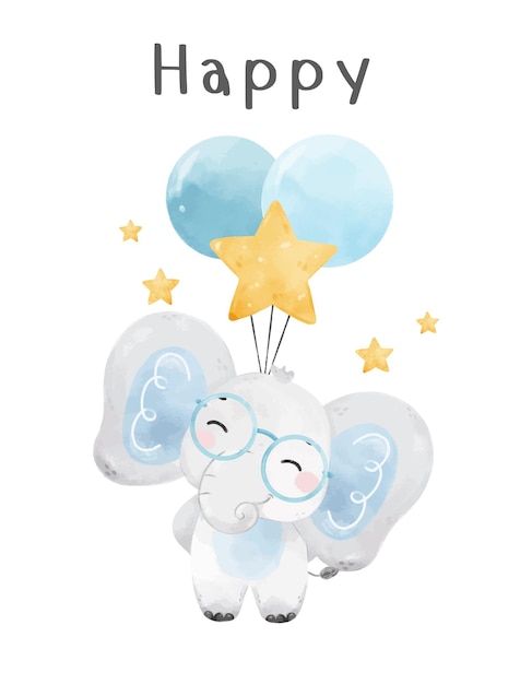 Cute happy smile baby prince blue elephant with balloon watercolour hand drawn wildlife animal cartoon nursery illustration