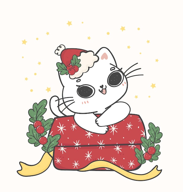 Cute happy smile christmas white kitten cat in red gift box wear santa hat adorable joyful cartoon animal hand drawing vector