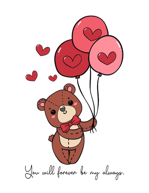 Cute happy smile teddy bear with red bow hold balloons doodle hand drawing cartoon character outline isolated on white background