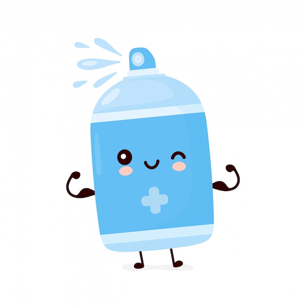 Cute happy smiling antiseptic spray bottle show muscle.   cartoon character illustration icon design.isolated