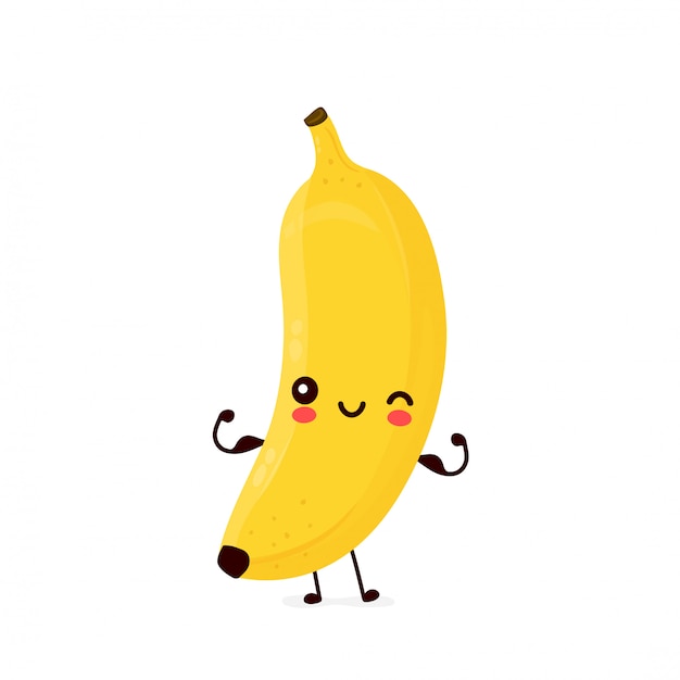 Cute happy smiling banana fruit show muscle.